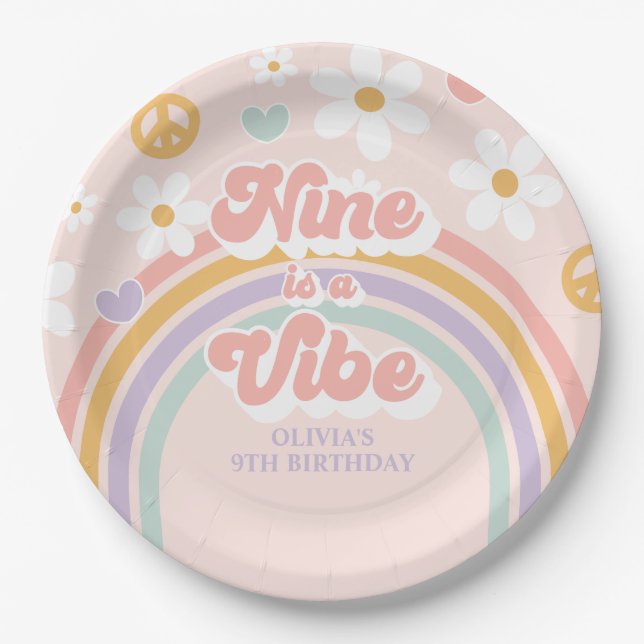 Retro Rainbow Nine is a Vibe 9th Birthday Paper Plate (Front)