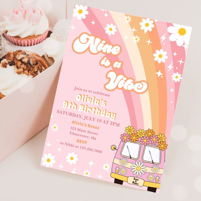 Retro Rainbow Nine is a Vibe Groovy 9th Birthday Invitation (Creator Uploaded)