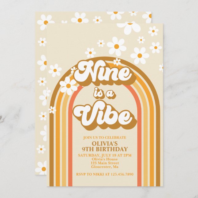 Retro Rainbow Nine is a Vibe Groovy 9th Birthday Invitation (Front/Back)
