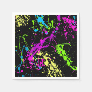 Retro Rainbow of Neon Paint Splatters on Black Napkin