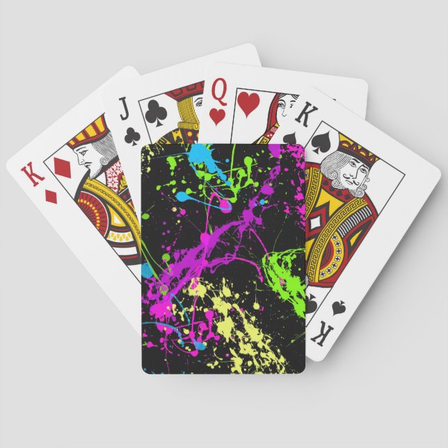 Retro Rainbow of Neon Paint Splatters on Black Playing Cards (Back)