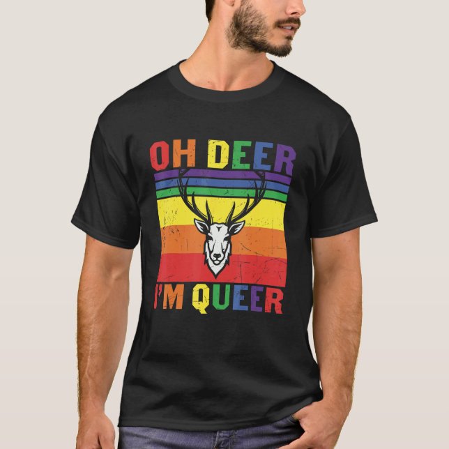 Retro Rainbow Oh Deer I'm Queer   Lesbian Gay Lgbt T-Shirt (Front)