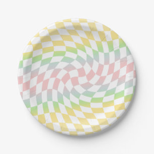 Retro Rainbow Pastel Checks Warped Chequerboard Paper Plate