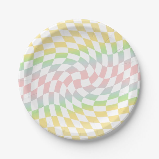 Retro Rainbow Pastel Checks Warped Chequerboard  Paper Plate (Front)