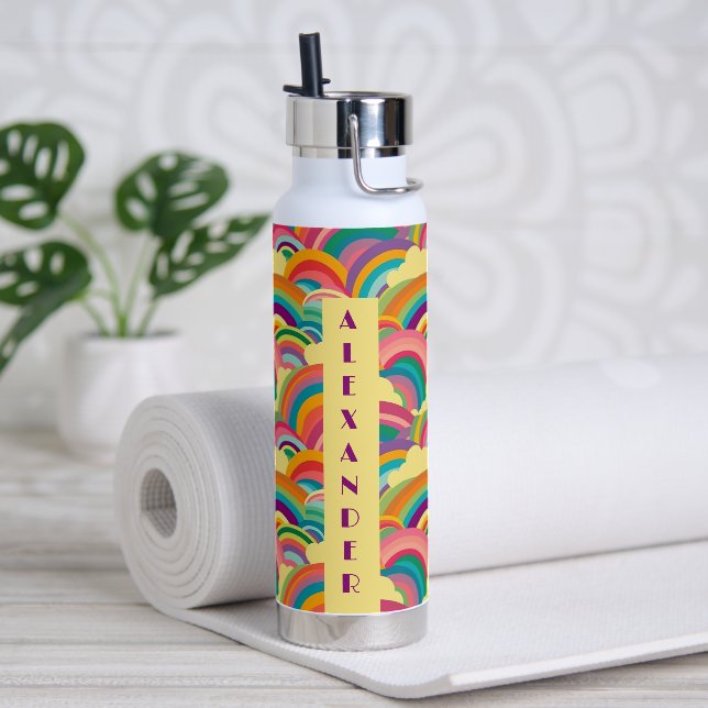 Retro Rainbow pattern Personalised Name Water Bottle (Yoga)