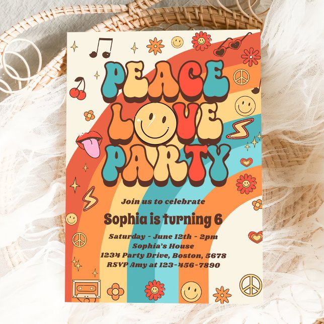 Retro Rainbow Peace Love Party 6th Birthday Invitation (Creator Uploaded)