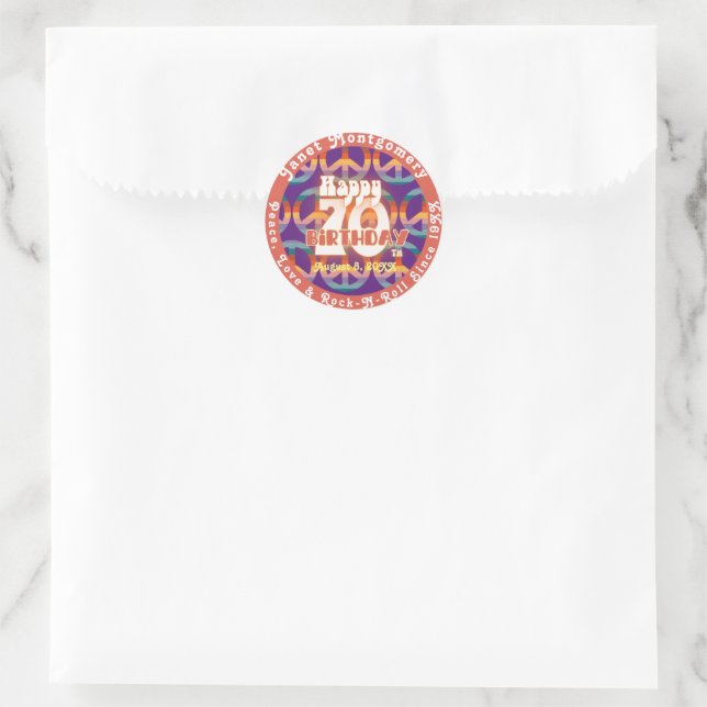 Retro Rainbow Peace Sign Custom 70th Birthday Classic Round Sticker (Bag)