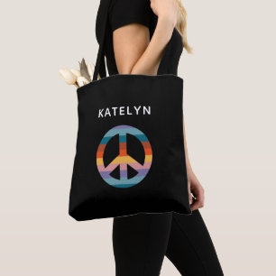 Retro Rainbow Peace Sign Personalised Name Tote Bag