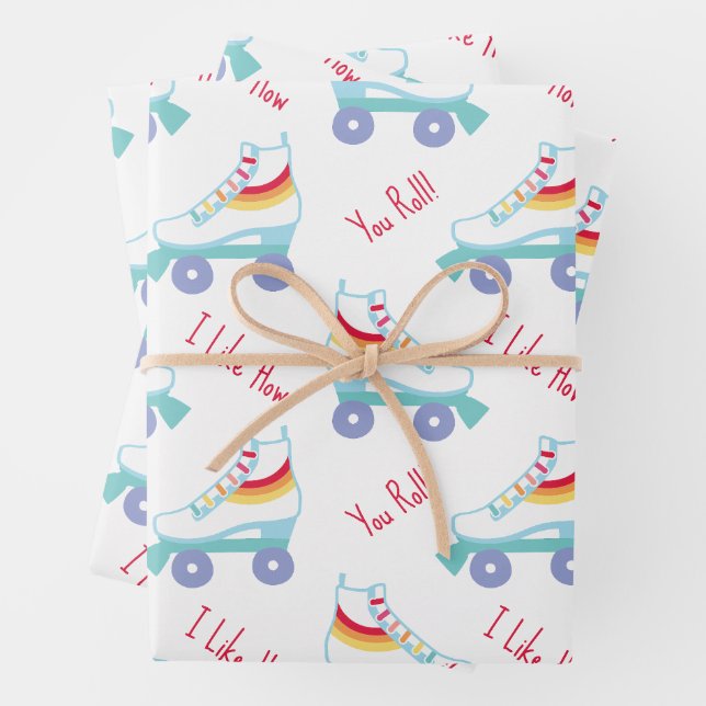 Retro Rainbow Roller Skate Valentine's Day Wrapping Paper Sheet (In situ)