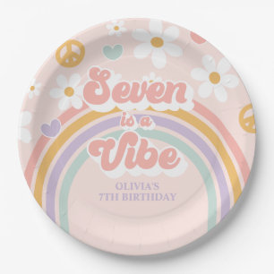 Retro Rainbow Seven is a Vibe 7th Birthday Paper Plate