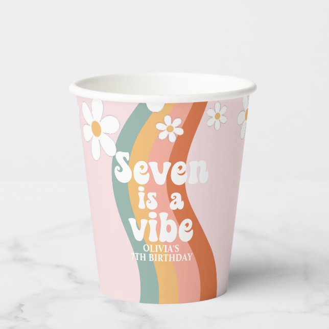 Retro Rainbow Seven is a Vibe Daisy 7th Birthday Paper Cups (Front)