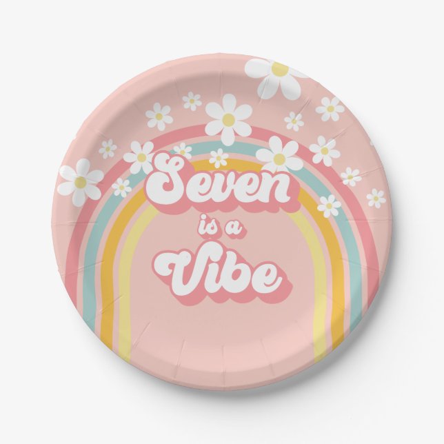 Retro Rainbow Seven is a Vibe Groovy 7th Birthday Paper Plate (Front)