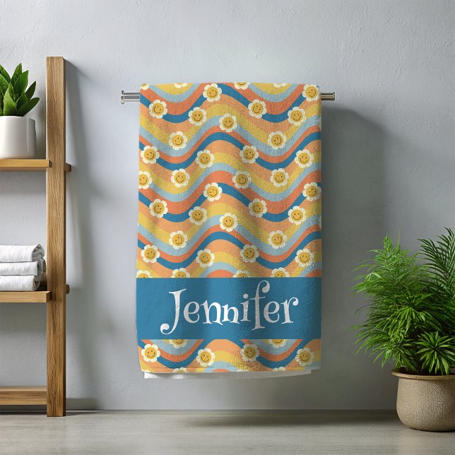 Retro Rainbow Smiley face Flowers  Beach Towel (Creator Uploaded)