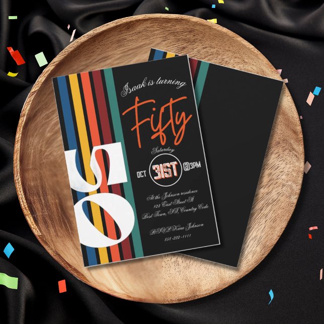 Retro Rainbow Striped “Fifty” Birthday Invitation (Creator Uploaded)