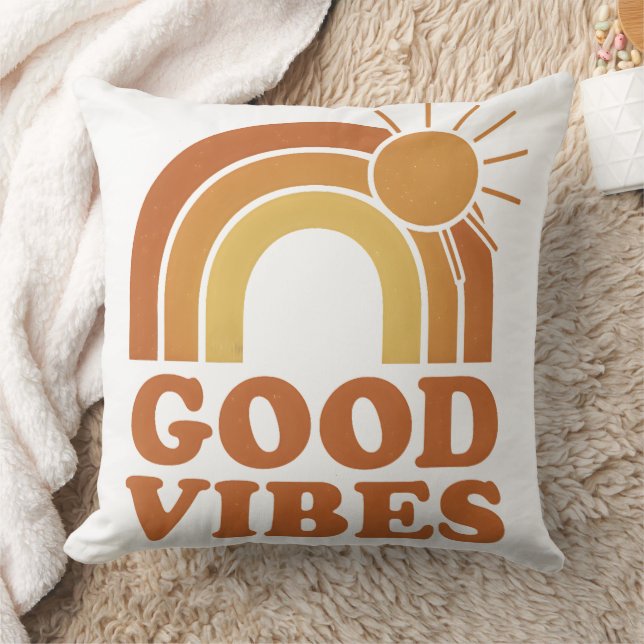 Retro Rainbow Sun "Good Vibes" Throw Pillow (Blanket)