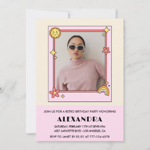 Retro Rainbow Sun Photo Pink 38th birthday Invitation