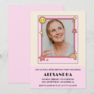 Retro Rainbow Sun Photo Pink 53rd birthday Invitation