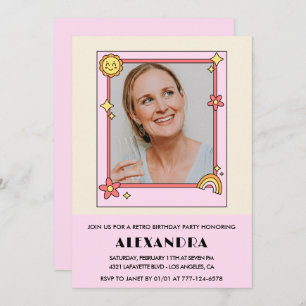 Retro Rainbow Sun Photo Pink 58th birthday Invitation