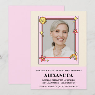 Retro Rainbow Sun Photo Pink 89th birthday Invitation