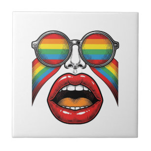 Retro Rainbow Sunglasses Lips Face Vector Design_1 Ceramic Tile