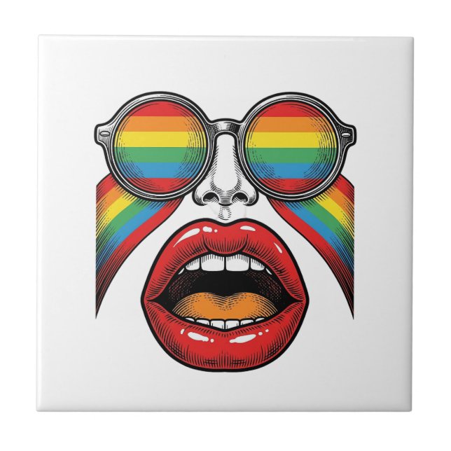 Retro Rainbow Sunglasses Lips Face Vector Design_1 Ceramic Tile (Front)