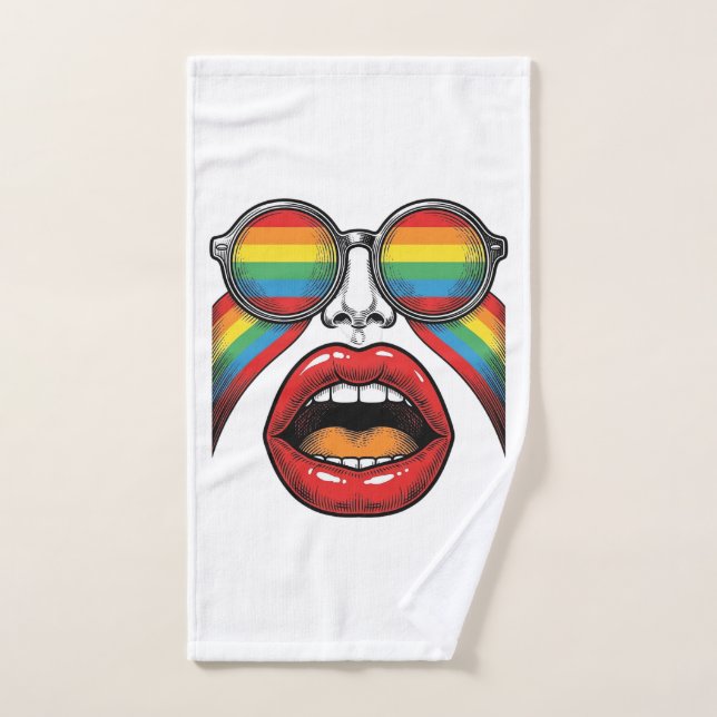 Retro Rainbow Sunglasses Lips Face Vector Design_1 Hand Towel (Hand Towel)