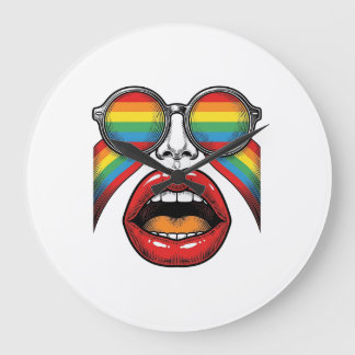 Retro Rainbow Sunglasses Lips Face Vector Design_1 Large Clock