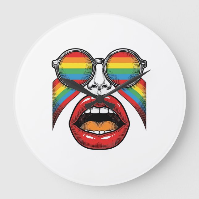 Retro Rainbow Sunglasses Lips Face Vector Design_1 Large Clock (Front)