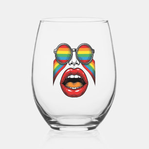 Retro Rainbow Sunglasses Lips Face Vector Design_1 Stemless Wine Glass
