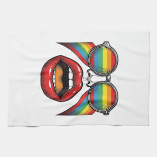 Retro Rainbow Sunglasses Lips Face Vector Design_1 Tea Towel