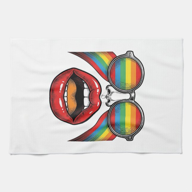 Retro Rainbow Sunglasses Lips Face Vector Design_1 Tea Towel (Horizontal)
