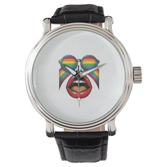Retro Rainbow Sunglasses Lips Face Vector Design_1 Watch (Front)