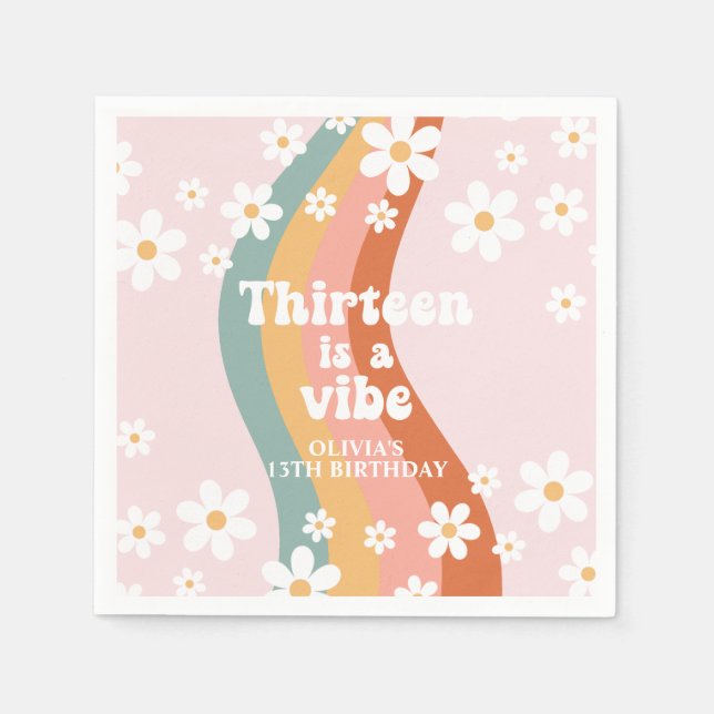 Retro Rainbow Thirteen is a Vibe 13th Birthday Napkin (Front)