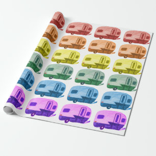 Retro Rainbow Trailers Motorhome RV on White Wrapping Paper