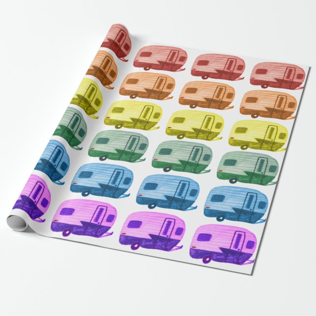 Retro Rainbow Trailers Motorhome RV on White Wrapping Paper (Unrolled)