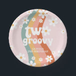 Retro Rainbow Two Groovy Daisy Paper Plate<br><div class="desc">Retro rainbow swirl two groovy 2nd birthday party.</div>