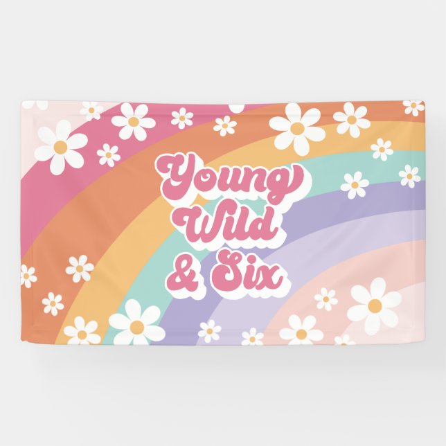 Retro Rainbow Young Wild and Six 6th Birthday Banner (Horizontal)