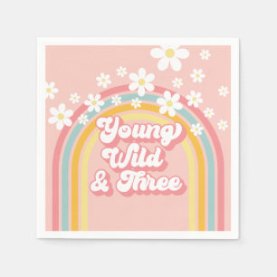 Retro Rainbow Young Wild and Three 3rd Birthday Napkin