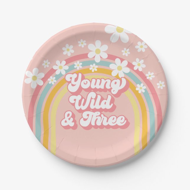 Retro Rainbow Young Wild and Three 3rd Birthday Paper Plate (Front)