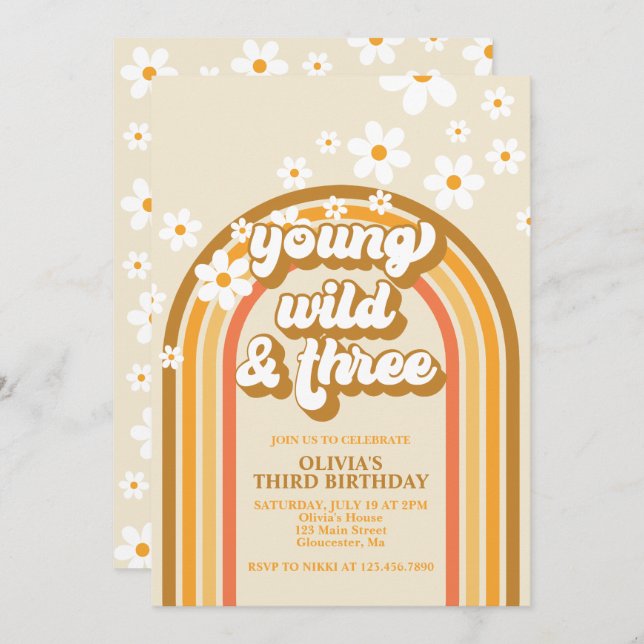Retro Rainbow Young Wild and Three Birthday Invitation (Front/Back)