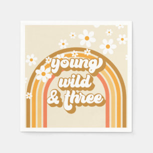 Retro Rainbow Young Wild and Three Birthday Paper  Napkin