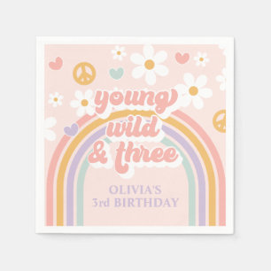 Retro Rainbow Young Wild Three 3rd Birthday Napkin