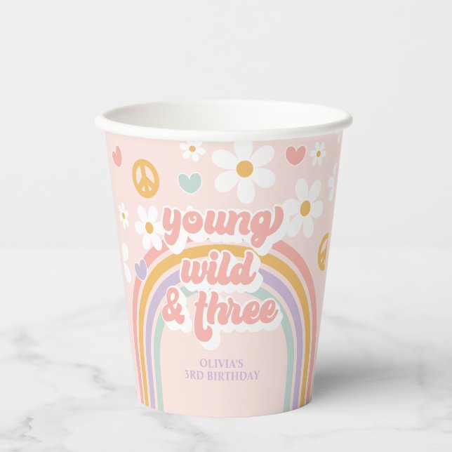 Retro Rainbow young wild three 3rd Birthday Paper Cups (Front)