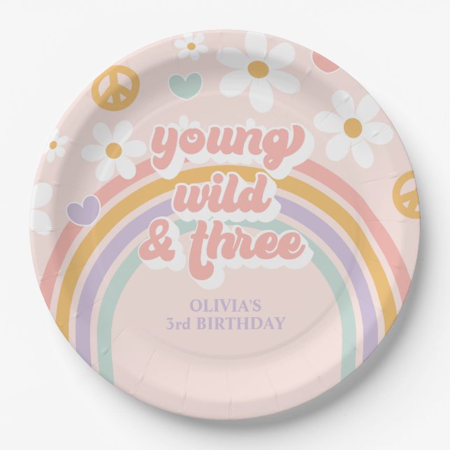 Retro Rainbow Young Wild Three 3rd Birthday Paper Plate (Front)