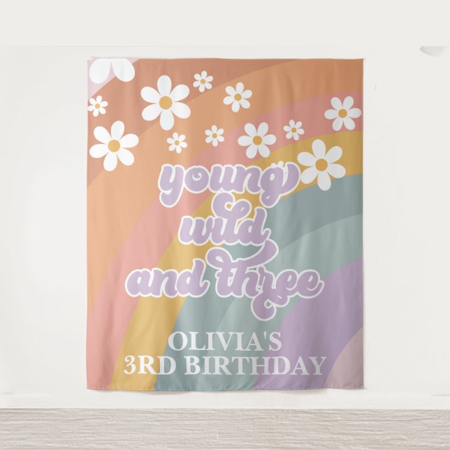 Retro Rainbow Young Wild Three 3rd Birthday Tapestry (Front)