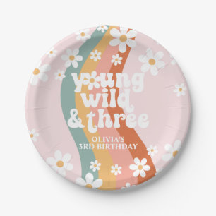 Retro Rainbow Young Wild Three Daisy Paper Plate