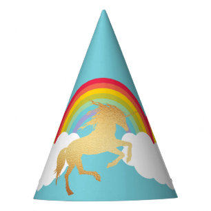Retro Rainbows Clouds and Gold Unicorn Party Hat