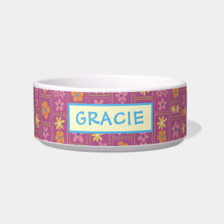 Retro Raspberry Patchwork Floral Custom Medium Dog Bowl