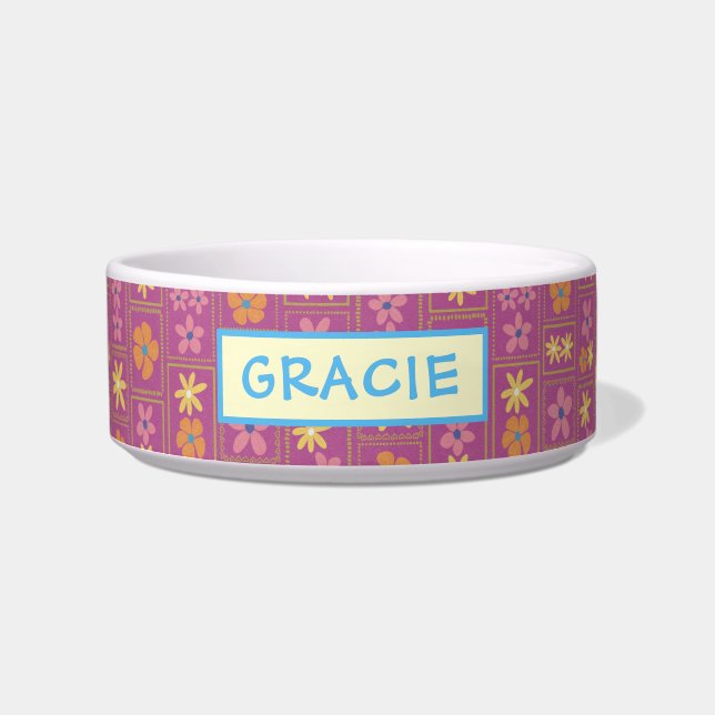 Retro Raspberry Patchwork Floral Custom Medium Dog Bowl (Front)