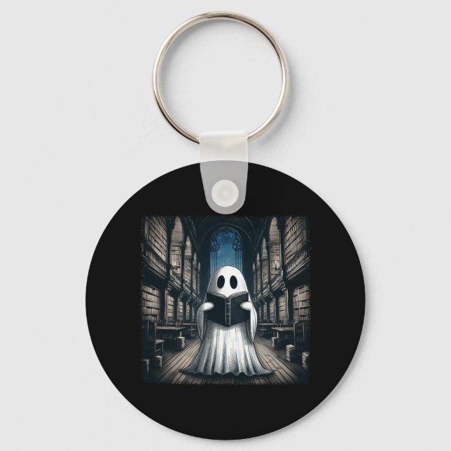Retro Reading Ghost Library Halloween Librarian Bo Key Ring (Front)